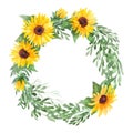 Watercolor hand painted floral wreath with sunflowers Royalty Free Stock Photo