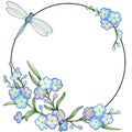 Watercolor hand painted forget-me-not flowers and blue dragonfly round frame.