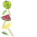 Watercolor hand painted fruit ice-cream border with lime, watermelon, lemon and mint leaves