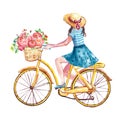 Watercolor hand painted girl is riding her yellow bicycle. Spring and summer illustration