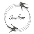 Watercolor hand painted grafic three circle border lines frame with black and white swallow birds around and text Royalty Free Stock Photo