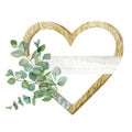 Watercolor hand painted green plants and branches frame. Eucalyptus and wood heart frame of green leaves.