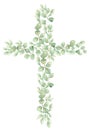 Watercolor hand painted greenery Cross Clipart, Easter Religious florals illustration, eucalyptus Baptism Cross clip art, Holy Royalty Free Stock Photo