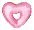 Watercolor hand painted heart shaped pink glazed donut isolated on white background Royalty Free Stock Photo