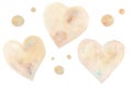 Watercolor hand painted hearts and circles like kraft paper texture set isolated on white background.