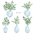 Watercolor hand painted house green plants in glass vase with branches eucalyptus set. Eco natural minimalistic illustration. Royalty Free Stock Photo