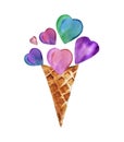 Watercolor hand painted ice cream consisting of waffle cone and hearts.