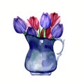Watercolor hand painted illustration of blue antique milk jug with bouquet of pink and purple tulips.