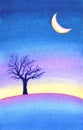 Moon and tree silhouette landscape painting. Beautiful dreamy background.