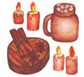 Watercolor hand painted illustrations. Set with cocoa cinnamon marshmallows candles