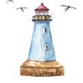 Watercolor lighthouse. Hand painted blue beacon, isolated on white backgrouns. Summer vacation illustration
