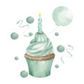 Watercolor hand painted mint cupcake with balloon and bubbles around for celebration, birthday party decor