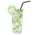 Watercolor hand painted mojito cocktail in glass with straw and slice green lime, mint, cubical ice. Isolated clip art