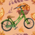 Watercolor hand painted nature autumn seamless pattern with green bicycle, brown basket with big pumpkin