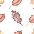 Watercolor hand painted nature autumn season seamless pattern with red, yellow and brown fall withered tree leaves