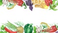 Watercolor hand painted nature banner composition with green bell pepper, dill, parsley, basil, bay leaf, peas, red chili pepper,