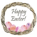Watercolor hand painted nature brown branches wreath with pink colorful colored eggs in the basket on the white background with ha