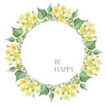 Watercolor hand painted nature circle border frame with yellow lime blossom flowers and green leaves bouquet on the white backgrou Royalty Free Stock Photo