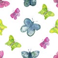 Watercolor hand painted nature colorful summer seamless pattern with multicolor blue, yellow and pink different butterflies