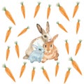 Watercolor Hand Painted Nature Domestic Animals And Plants Composition With Beige, Red And Blue Rabbits Family And Orange Carrot V
