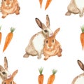 Watercolor hand painted nature domestic animals and plants seamless pattern with beige and red rabbit pair and orange carrot veget