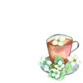 Watercolor hand painted nature drink composition with glass cup with black tea and white blossom jasmine flowers and green leaves Royalty Free Stock Photo