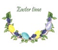 Watercolor hand painted nature easter time holiday composition wreath with green leaves on branches, purple lavender blossom flowe