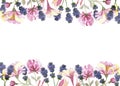 Watercolor hand painted nature floral banner frame with pink honeysuckle and purple lavender flowers bouquet Royalty Free Stock Photo