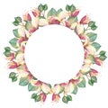 Watercolor hand painted nature floral circle frame with green eucalyptus leaves on branch, pink honeysuckle blossom flowers and bu Royalty Free Stock Photo