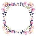 Watercolor hand painted nature floral circle frame with purple lavender and pink honeysuckle flowers on branches bouquet Royalty Free Stock Photo