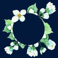 Watercolor hand painted nature floral circle frame with white blossom jasmine flowers and green leaves Royalty Free Stock Photo