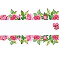 Watercolor hand painted nature floral flourish banner frame with green leaves and roses on a white background with text