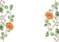 Watercolor hand painted nature floral herbal vertical banner frame with green leaves on branch and orange calendula flower