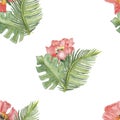 Watercolor hand painted nature floral jungle seamless pattern with green different tropical leaves, pink blossom flowers