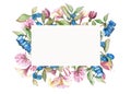 Watercolor hand painted nature floral rectangle border frame with honeysuckle pink blossom flowers, green leaves and blue berries