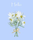 Watercolor hand painted nature floral romantic composition with white blossom chamomile flowers on green stems with yellow bow