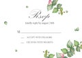 Watercolor hand painted nature floral romantic wedding frame with green eucalyptus branches, pink honeysuckle buds and rsvp accept Royalty Free Stock Photo