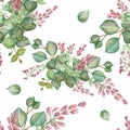 Watercolor hand painted nature floral seamless pattern with pink blossom heather flowers and green eucalyptus leaves on branch bou Royalty Free Stock Photo