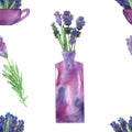 Watercolor hand painted nature floral seamless pattern with purple lavender flowers bouquet in the vase and cup, green leaves and Royalty Free Stock Photo