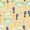 Watercolor hand painted nature floral seamless pattern with purple lavender and white jasmine flowers on green branches Royalty Free Stock Photo