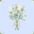 Watercolor hand painted nature floral seamless pattern with white blossom chamomile flowers on green stem with bow bouquet