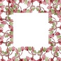 Watercolor hand painted nature floral squared border frame with pink apple blossom flowers and green leaves