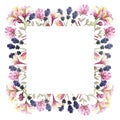 Watercolor hand painted nature floral squared border frame with purple lavender and pink honeysuckle blossom flowers on green bran Royalty Free Stock Photo