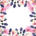 Watercolor hand painted nature floral squared border frame with purple lavender and pink honeysuckle blossom flowers on green bran Royalty Free Stock Photo