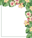Watercolor hand painted nature floral tropical corner border frame with green palm leaves and blossom pink plumeria flowers