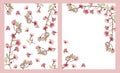 Watercolor hand painted nature floral two frame composition set with pink apple blossom flowers, branch, green leaves