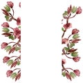Watercolor hand painted nature floral vertical banner frame with pink blossom flowers and green leaves bouquet Royalty Free Stock Photo