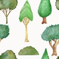 Watercolor hand painted nature forest seamless pattern with spruce, pine, oak, sequoia, fir, cypress threes with green leaves, bro Royalty Free Stock Photo