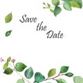 Watercolor hand painted nature frame composition with green eucalyptus and pink flower buds with save the date text