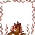 Watercolor hand painted nature frame with vanilla flowers, brown branch Royalty Free Stock Photo